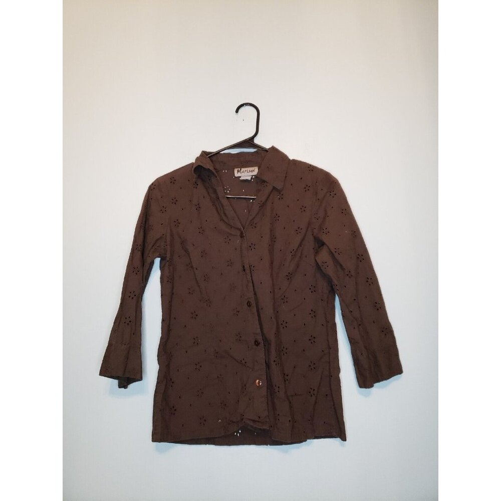 Marisol Womens Sz S Blouse Button Front Eyelet Lace Brown 100% Cotton Boho